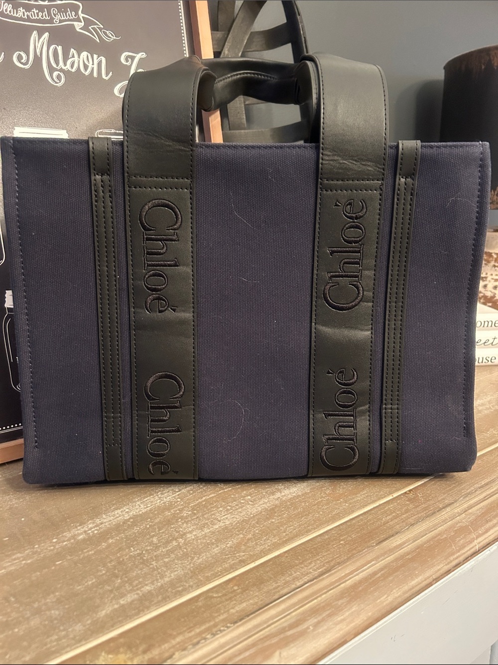 Navy Canvas & Black Leather Tote Bag